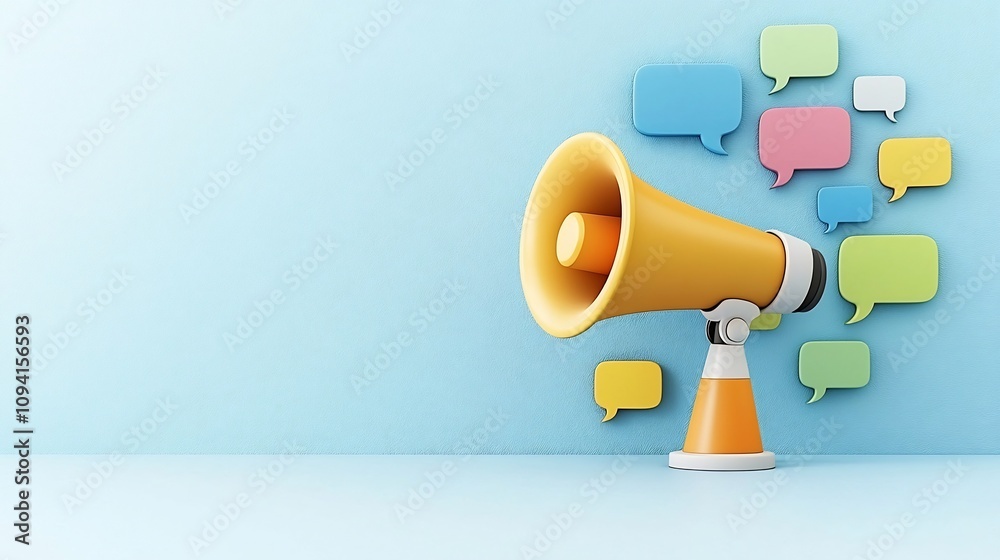 Aufkleber brightly illustrated megaphone with bold colorful speech bubbles on a crisp minimal background for a