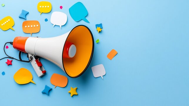 Vibrant megaphone surrounded by dynamic speech bubbles emphasizing the power of digital messaging and outreach on a bright eye catching backdrop  This image represents the importance of communication