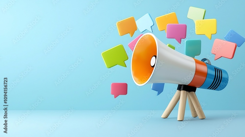 Leinwandbilder vibrant and dynamic megaphone device with a burst of multicolored speech bubbles emerging showcasing
