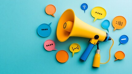 Colorful and dynamic image featuring a megaphone surrounded by speech bubbles symbolizing the power of messaging digital outreach and effective communication in marketing and advertising campaigns