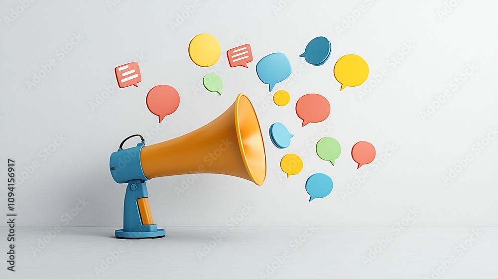 Poster Vibrant and dynamic megaphone releasing a burst of colorful speech bubbles highlighting creative marketing ideas and concepts on a clean bright canvas background