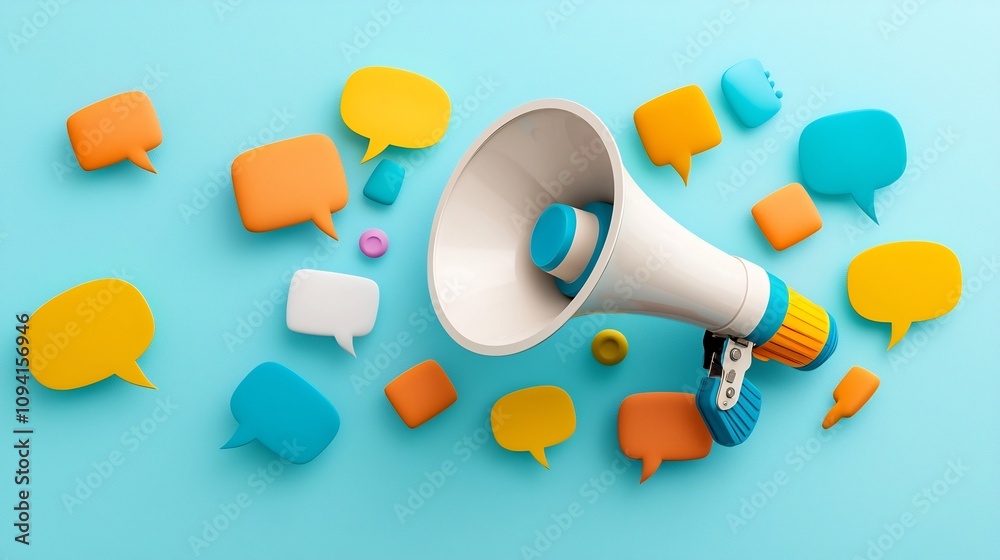 Aufkleber megaphone surrounded by bold floating speech bubbles in vibrant colors symbolizing the power of soci