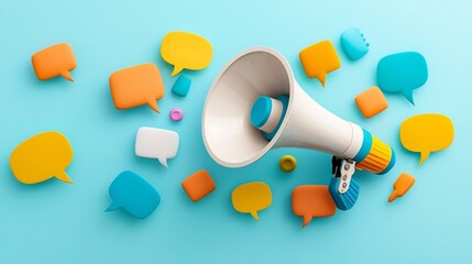 megaphone surrounded by bold floating speech bubbles in vibrant colors symbolizing the power of social media outreach and digital communication