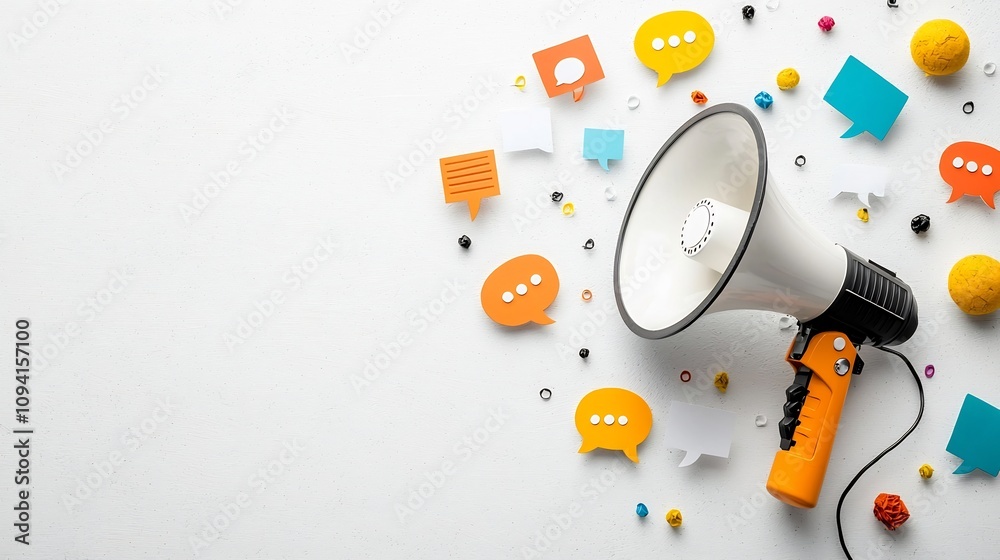 Poster energetic megaphone surrounded by vivid speech bubbles symbolizing impactful advertising against a c