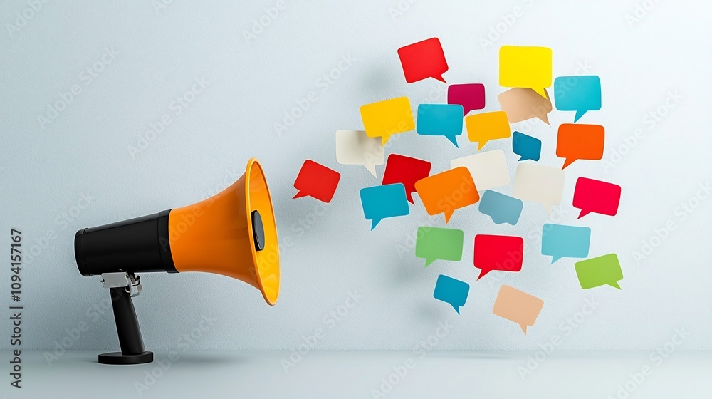 Aufkleber Sleek and modern megaphone design with multicolored floating speech bubbles visually representing the concept of marketing messaging and advertising ideas