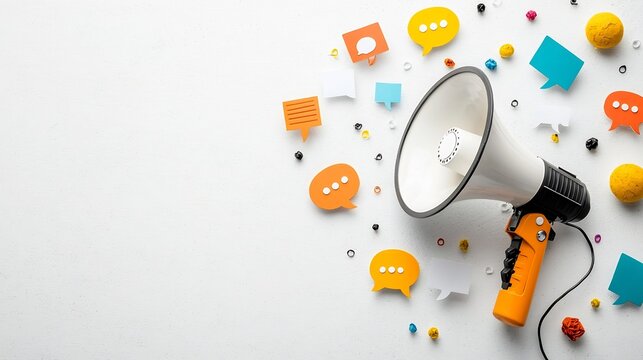 Energetic megaphone surrounded by vivid speech bubbles symbolizing impactful advertising against a clean minimal background  Concept for effective marketing communication and branding strategies