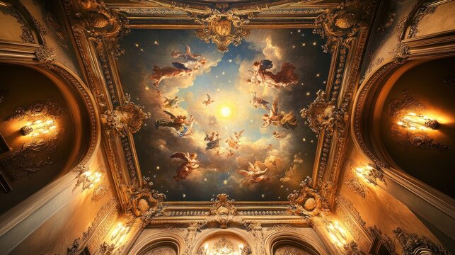 Ornate ceiling with celestial frescoes and golden embellishments, creating a grand atmosphere.