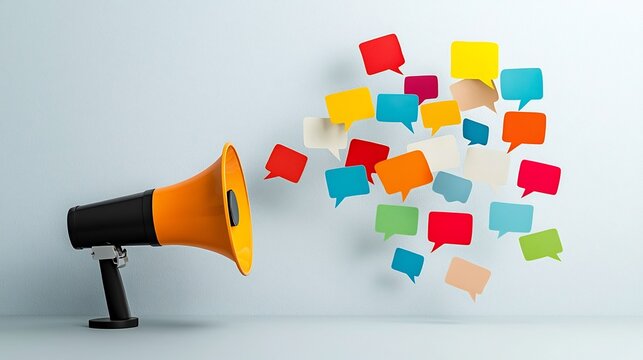 Sleek and modern megaphone design with multicolored floating speech bubbles visually representing the concept of marketing messaging and advertising ideas