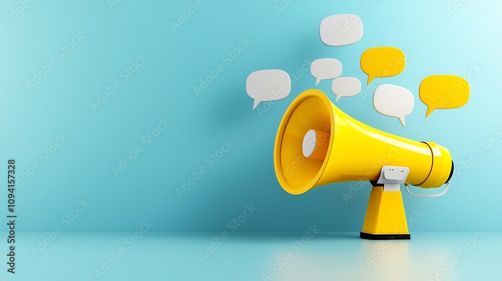 Fototapete Vibrant eye catching megaphone with floating speech bubbles in bold dynamic tones representing the power of digital marketing strategies and campaigns on a modern minimalist backdrop