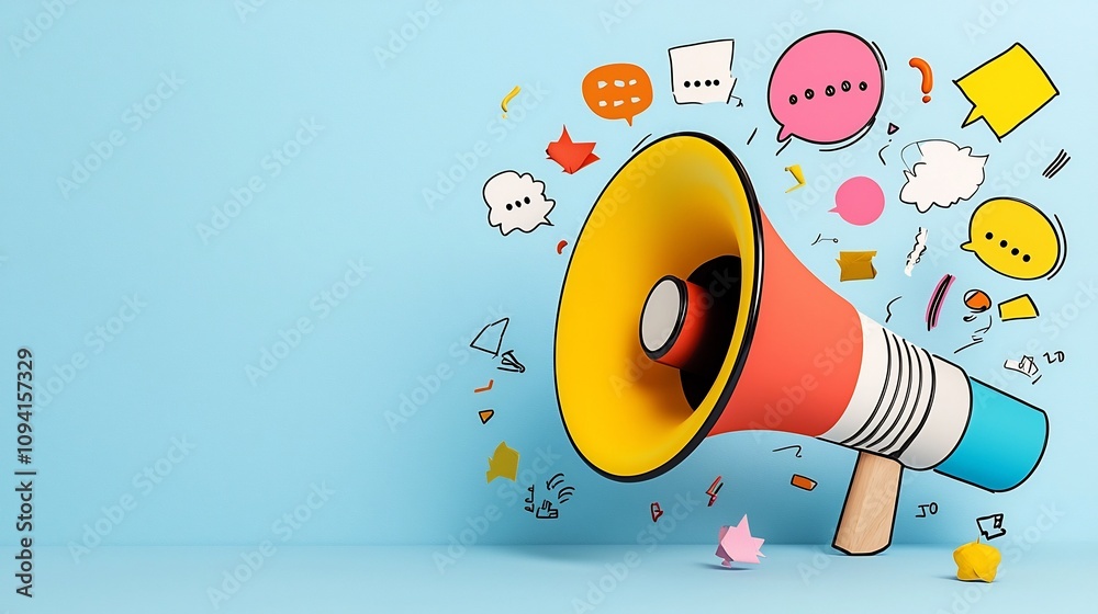 Fototapete representation of a vibrant colorful megaphone surrounded by dynamic speech bubbles symbolizing the power of modern advertising digital marketing and effective communication strategies