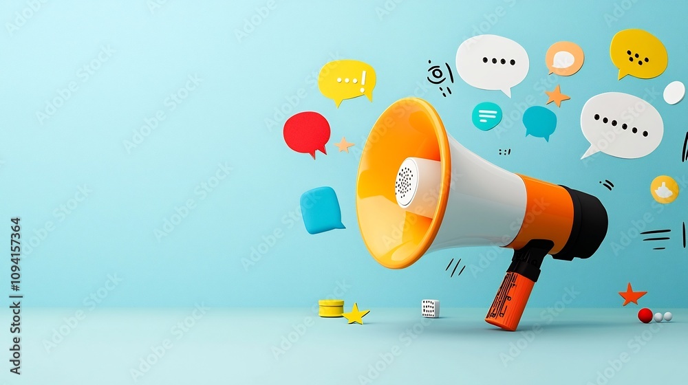 Leinwandbilder depiction of a colorful megaphone and speech bubbles showcasing modern advertising and communication
