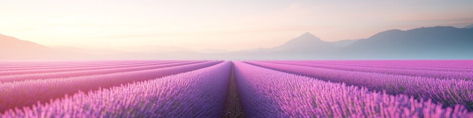 2409_047 A tranquil natural scene with clean space above, overlooking a serene setting featuring lavender farm, with an open space nestled amidst purple rows, set against a pollinator bees backdrop,