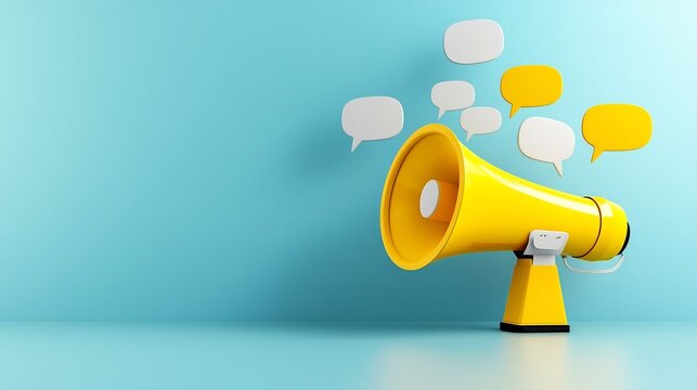 Vibrant eye catching megaphone with floating speech bubbles in bold dynamic tones representing the power of digital marketing strategies and campaigns on a modern minimalist backdrop