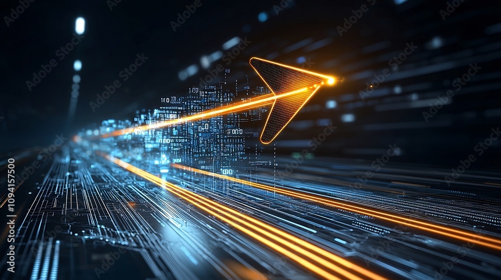 Aufkleber shining arrow pointing into the future with glowing streaks over a futuristic digital currency backg
