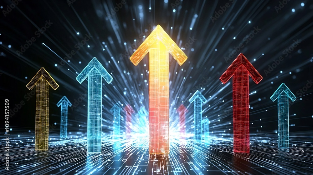 Aufkleber Futuristic showcasing a vibrant glowing upward arrow hovering over a dynamic Bitcoin inspired radiant background emphasizing the speed energy and potential of technology finance