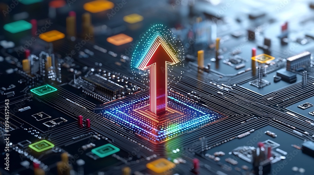 Aufkleber Futuristic upward arrow glowing with vibrant colors over a radiating Bitcoin inspired background emphasizing speed energy and the potential of technological and financial innovation