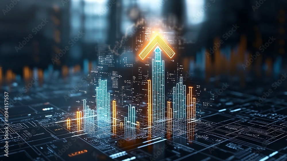 Poster vibrant beam shaped arrow glowing and surging upward over a radiant dynamic cryptocurrency backgroun