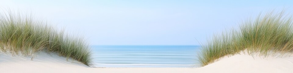 2409_050 A tranquil natural scene with clean space above, overlooking a serene setting featuring coastal dunes, with an open space nestled amidst sea grass, set against a ocean horizon backdrop,