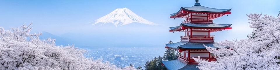 Obraz premium 2409_054 A tranquil natural scene with clean space above, overlooking a serene setting featuring sakura park, with an open space nestled amidst cherry blossoms, set against a traditional pagoda