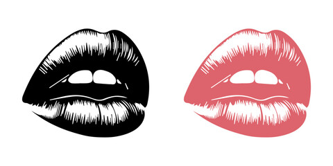 Lipstick kiss - red, Female lips lipstick kiss print set for valentine day and love illustration. Collection of Lips marks with grunge effect. Vector illustration, Lips Icon Flat Graphic Design, Kiss.