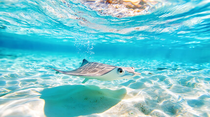 vibrant underwater scene featuring stingray gliding gracefully through clear turquoise waters, showcasing beauty of marine life