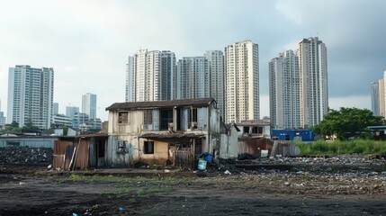 A haunting urban landscape revealing the stark contrast between opulence and destitution, Illuminating the societal disparities, photography style