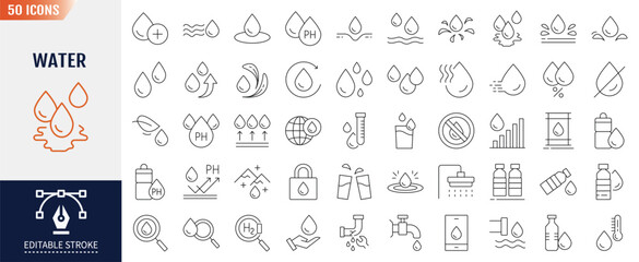 Water Editable Stroke Line Icon set. Containing water drop, treatment, sewage, recycle, fresh, save. Vector Illustration