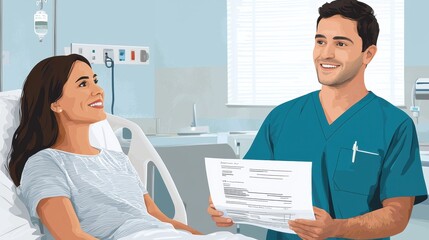 Obraz premium Healthcare professional smiling at patient in hospital room while presenting medical documents for discussion about treatment options and care plans