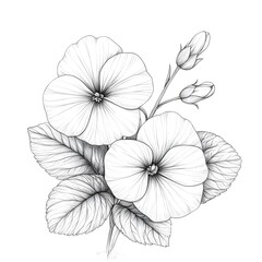 Clean line art of a primrose with rounded petals and fine details on the leaves
