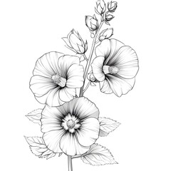Clean, bold line art of a hollyhock flower with tall stems and wide petals
