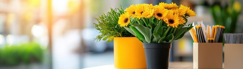 Fototapeta premium A bright arrangement of yellow flowers in a pot, surrounded by greenery and colorful stationery, creating a cheerful workspace atmosphere.
