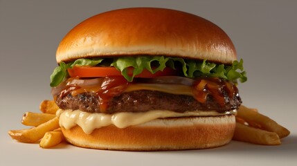 A towering masterpiece of a burger, featuring a perfectly grilled patty, crisp lettuce, ripe tomato, and a golden, toasted bun that beckons you to take a bite and savor its delicious flavors.
