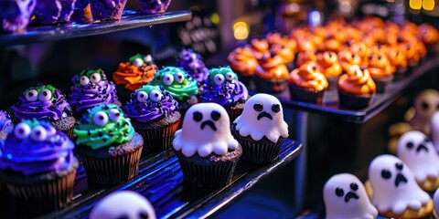 Obraz premium A display of spooky Halloween desserts at a party, with monster cupcakes and ghost-shaped cookies.