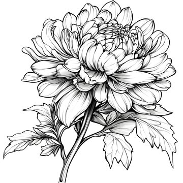 Line art of a chrysanthemum, showcasing detailed petal layering and a bold center design