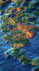 Coastal City at Night Illuminated Buildings and Roads