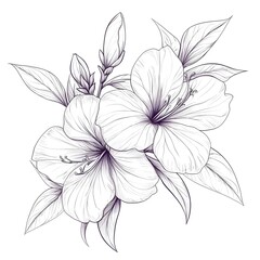 Sharp line drawing of an azalea flower with gracefully flowing petals and fine detailing