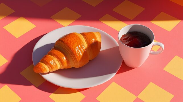 Buttery, golden croissant on a crisp white plate with a jam-filled cup, placed on a vibrant geometric-patterned surface, creating a stylish breakfast treat.