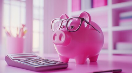 A pink pig wearing glasses sits on a desk next to a calculator