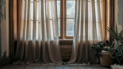 A tranquil scene featuring sunlight filtering through sheer curtains in an aged room, complemented by greenery and wooden floorboards.