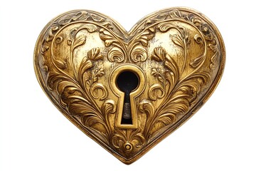 A gold heart-shaped lock with a keyhole in the center. The heart is ornately decorated with floral designs.