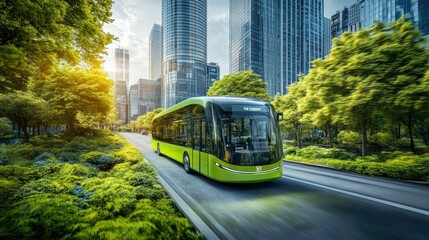 A modern green bus driving through a cityscape with lush trees and skyscrapers.