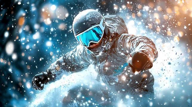dynamic sports shot of skier racing downhill in snowy conditions, showcasing speed and excitement. vibrant colors and snowflakes create thrilling atmosphere