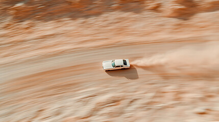 high speed action shot of car racing on dirt track, showcasing dynamic movement and dust clouds. scene captures thrill of motorsport