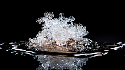 macro photo of snowflake on black surface, showcasing intricate details and reflections in water. delicate structure highlights beauty of nature design