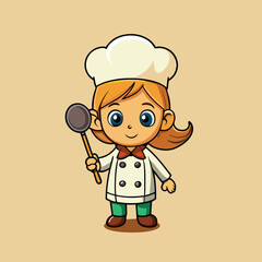 Cute Little Girl Chef Holding Spatula People Food Concept Isolated Cartoon Vector Icon Illustration