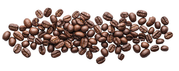 Obraz premium Isolated top view of scattered fresh coffee beans on a white backdrop.