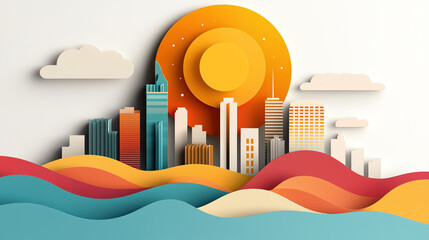 City skyline sunset urban landscape graphic art vibrant colors digital viewpoint voice of the city’s sound and resonance
