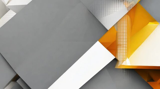 Abstract geometric design with orange and white triangles and squares on a grey background