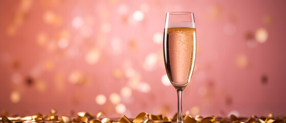 Drink of rose champagne in an elegant glass, set against a golden pink background, celebrating luxury.