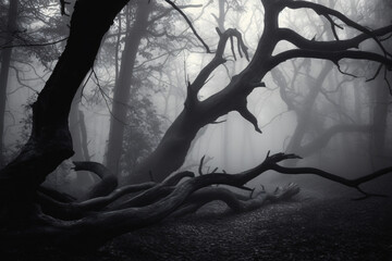 An early foggy morning scene with a mystical bent tree trunk, surrounded by a foggy forest, evoking a fantasy atmosphere.

